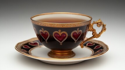 Fototapeta premium Elegant teacup and saucer with heart design, filled with tea.