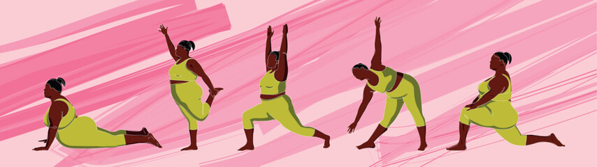 African American woman is into sports and yoga. Leads a healthy lifestyle, booty positivity. Yoga classes in the studio. Self-acceptance. 