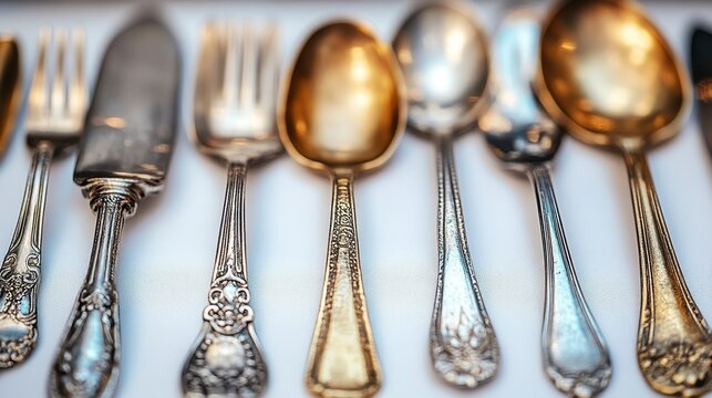 Antique silver and gold cutlery set arranged in a row.