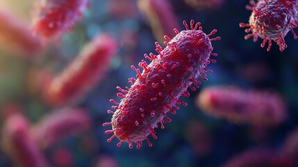 Fototapeta premium Microscopic View of Vibrant Red Listeria Bacterial Infection,Detailed Cellular Structure of Listeria Monocytogenes