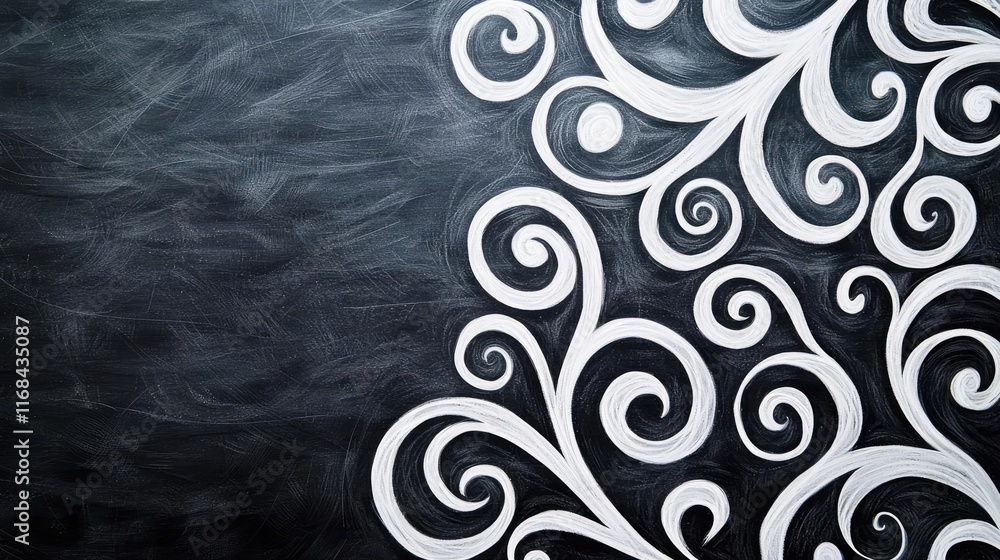 Poster Chalkboard abstract background idea. Elegant white swirls on a black background create a modern artistic ambiance.