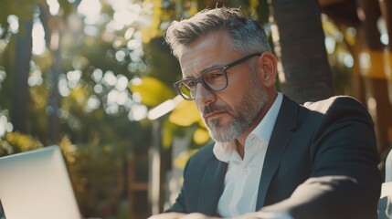Business Professional Using Laptop Outdoors