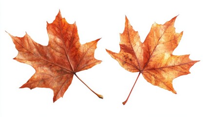 Two dried brown maple leaves isolated on white.