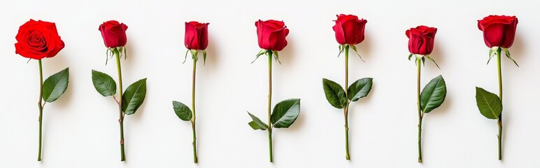 Seven red roses in various stages of bloom, arranged on a white background.