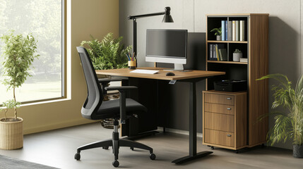 Modern home office setup with ergonomic desk and greenery