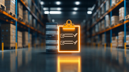 Cargo management. A checklist icon glows in a warehouse aisle, surrounded by stacked boxes, symbolizing organization and inventory management.