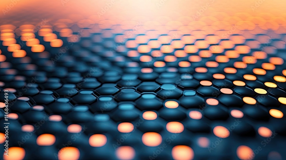 Poster Grid abstract background idea. Close-up of a vibrant hexagonal pattern with glowing elements in dark background.