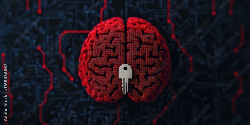 Poster health info data privacy concept. a digital brain with a keyhole symbolizes cybersecurity and data p