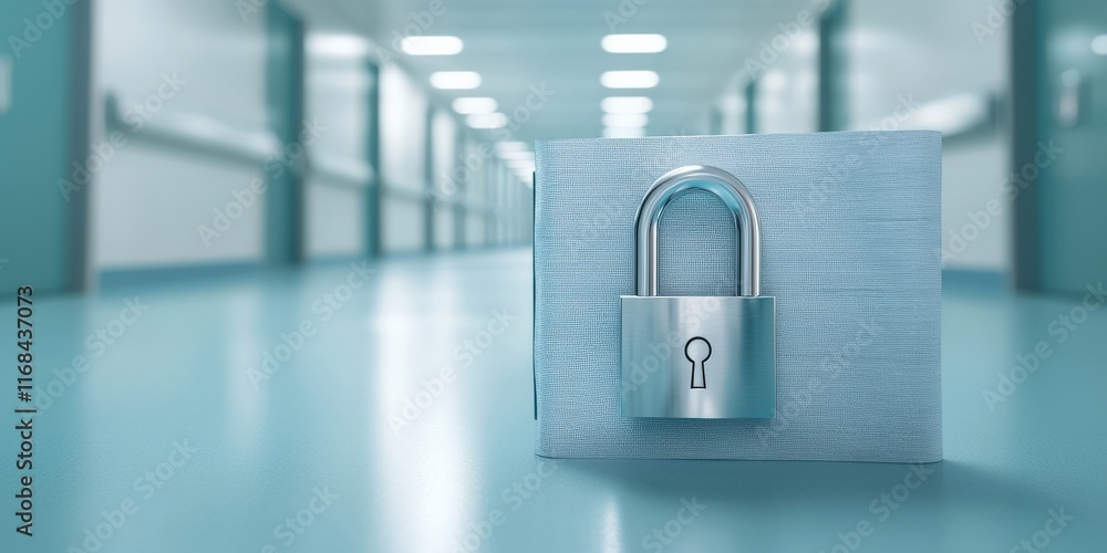 Poster health info data privacy concept. a padlock on a textured surface with a blurred corridor background