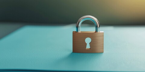health info data privacy concept. A shiny padlock on a teal surface symbolizes security and protection.