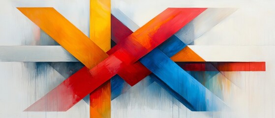 Obraz premium Abstract Geometric Art Vibrant Red Blue Orange Yellow Stripes Modern Canvas Painting