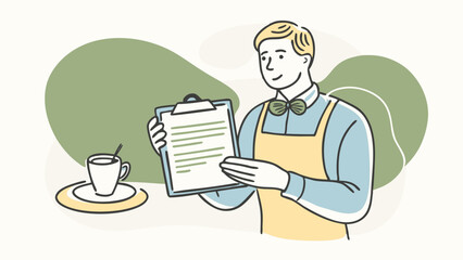 Friendly Clerk Offering Menu Recommendations at a Charming Café - Hand-Drawn Vector Illustration