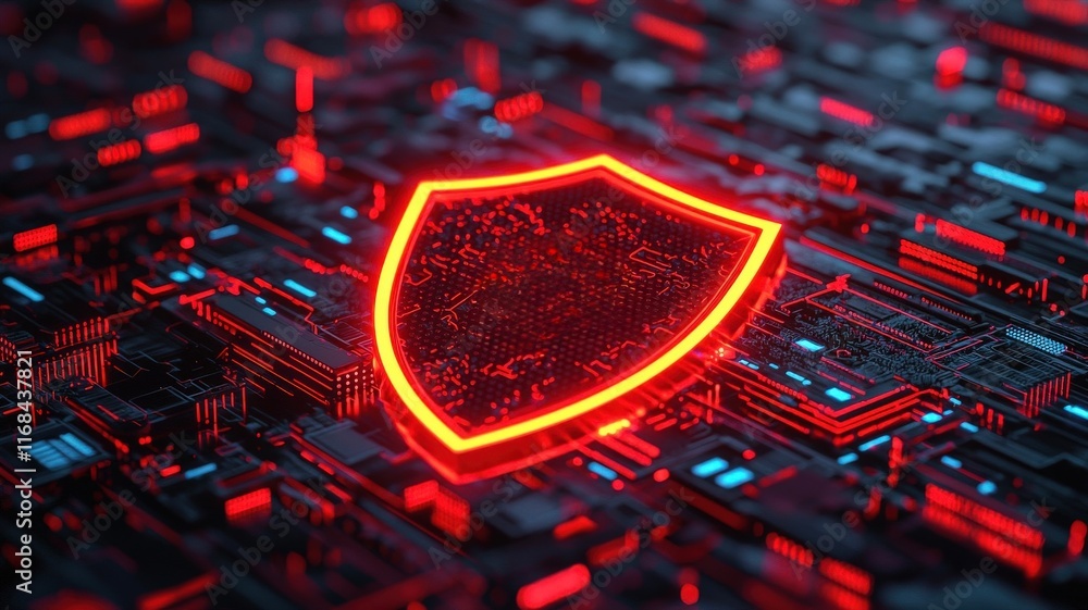 Poster health info data privacy concept. digital shield symbol glowing on a circuit board, representing cyb