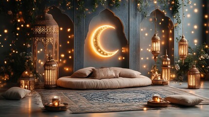 Obraz premium Serene Moroccan Room Decorated With Lanterns And Moon