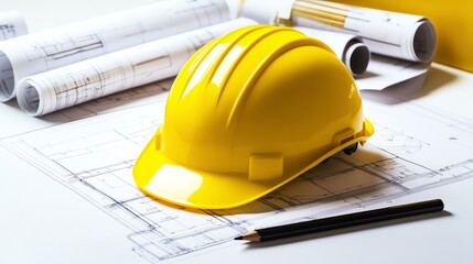 Yellow hard hat on blueprints and pencil.