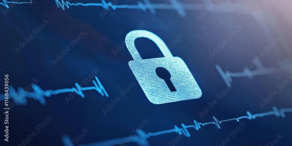 Poster health info data privacy concept. digital padlock symbol on a blue background with heartbeat lines, 