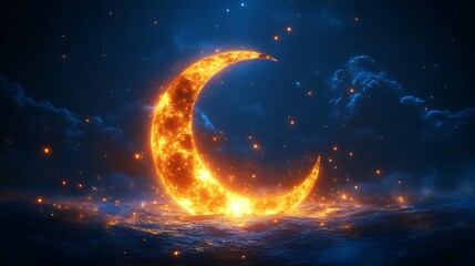 Fiery Crescent Moon Over Dark Night Ocean