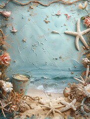 A serene coastal art composition features seashells, starfish, and delicate flowers surrounding a view of gentle waves meeting the sandy shore, evoking a peaceful beach atmosphere