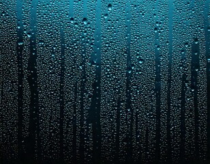 Condensation water drops on black window background, creating a textured appearance. Rain droplets accumulate on surface, capturing light reflections, forming small shimmering spheres scattered across