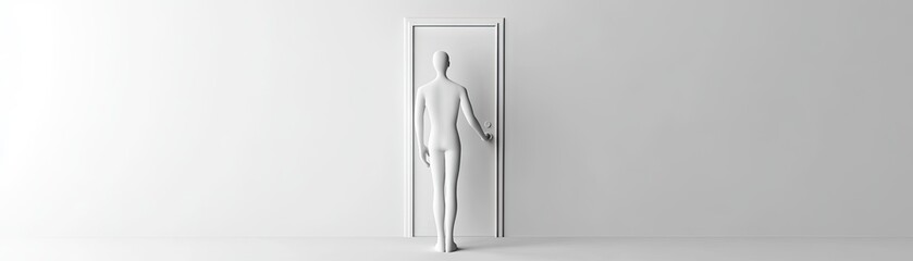 A minimalist scene of a figure approaching an open door in a blank space.