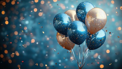 Festive Celebration Scene with Blue and Gold Balloons and Confetti in Vibrant Digital Art Style