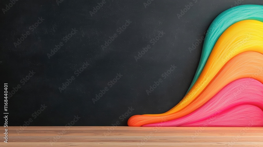 Poster Chalkboard abstract background idea. Colorful wave patterns emerge from a wooden surface against a dark background.