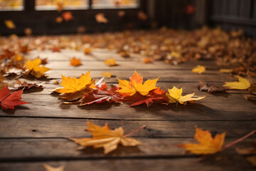 Falling maple leaf's on the empty wooden table top in autumn
