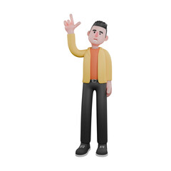 Designer Skills Set Characters 3D Model. A male designer set stands with his hand pointing up and his head slightly tilted, an expression of looking at something above. Cartoon Style