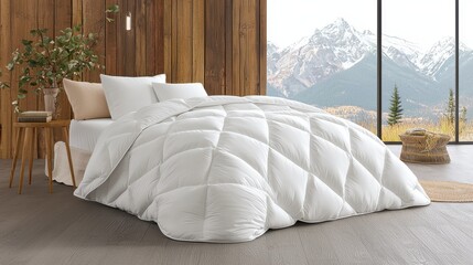 Cozy bedroom with white quilt on bed against mountain view and wooden wall interior design
