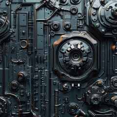 A detailed close-up of interconnected mechanical components set against a dark background, highlighting the complexity of futuristic machinery and technology