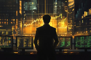 A businessman analyzing stock market data in a modern office setting.