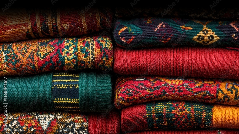 Aufkleber vibrant textiles stacked neatly in multicolored patterns and rich textures for cozy aesthetic