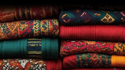 Vibrant Textiles Stacked Neatly in Multicolored Patterns and Rich Textures for Cozy Aesthetic