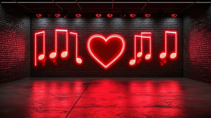 Neon Music Notes and Heart Decoration in Modern Urban Style on Brick Wall Background