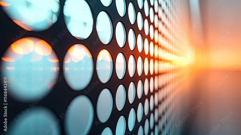 Poster grid abstract background idea. abstract photo of a perforated wall with warm sunlight glowing throug