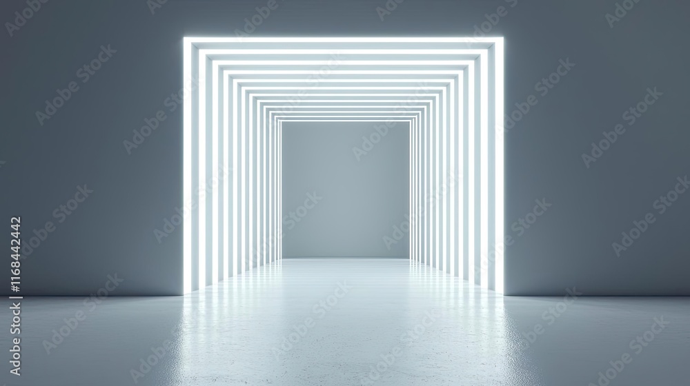 Poster Grid abstract background idea. A modern illuminated tunnel displaying vibrant white neon lines and minimalist design.