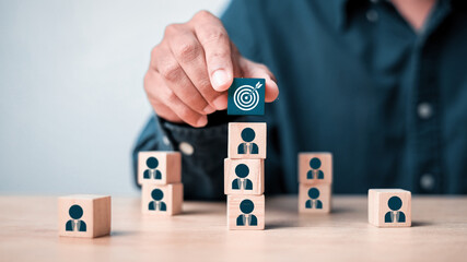 leader and followers pointing. human icon for customer focus target group and customer relation...