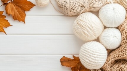 Autumn Knitting Cozy Yarn Balls Leaves Knitwear