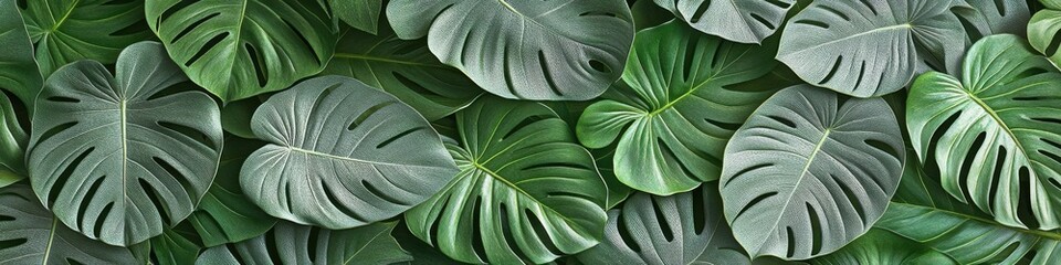 Monstera leaves forming a lush tropical wall with vibrant green tones and a seamless natural arrangement.

