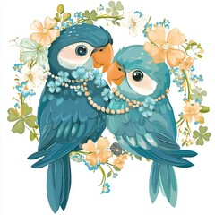 Obraz premium Cute Parrots with Shamrock Necklaces and Floral 