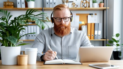 Customer Service Day. A cheerful customer service professional wearing a headset and glasses, engaging with clients in a modern office environment.