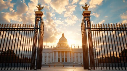 Fototapeta premium Day of Judgment.Ornate golden gates opening to reveal a grand cathedral basking in the warm light of the setting sun under a vibrant sky.