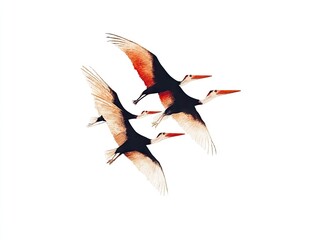 Obraz premium A stylized illustration of three birds in flight against a white background.