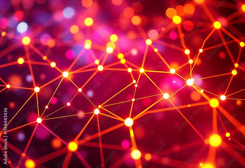 Poster abstract network nodes glowing red orange lines bokeh background