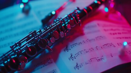 Obraz premium A beautiful flute rests on music sheets illuminated by colorful lights. The harmony of music and light creates a serene atmosphere. Discover the art of sound. Generative AI
