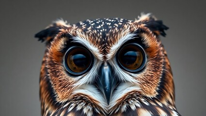 Close-up portrait of a curious owl with large eyes.