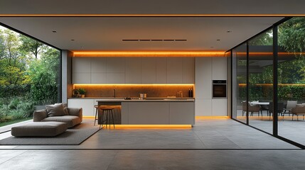 Modern Minimalist Kitchen Interior with Sleek Cabinets and Natural Light in Scandinavian Style