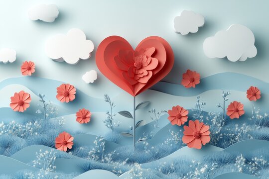 Naklejki Heart-Shaped Flower Bloom in a Paper-Craft Landscape