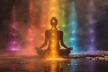 Meditating Woman with Vibrant Chakra Energy Streams