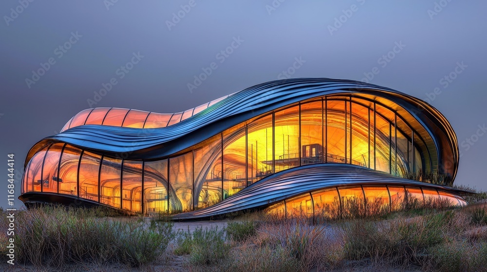 Poster modern architectural building with unique design illuminated at dusk in natural landscape
